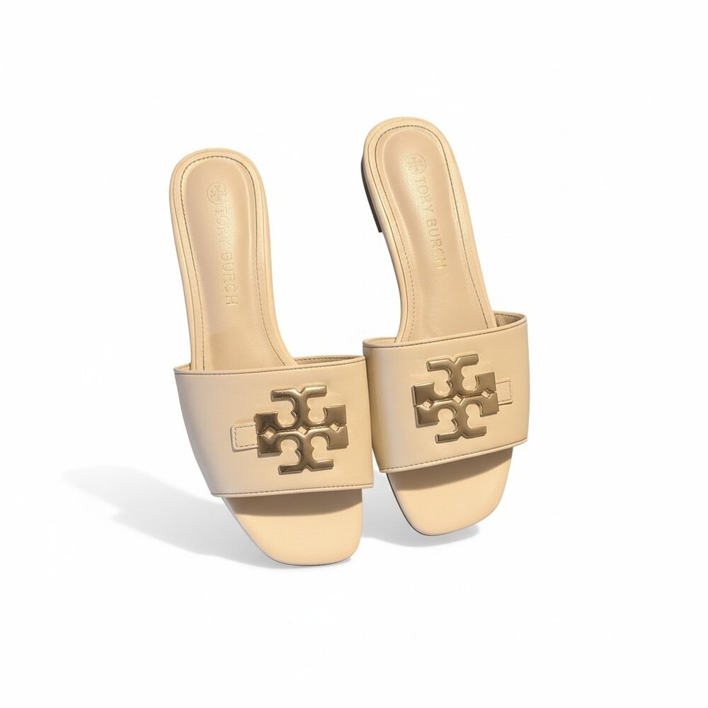 Tory Burch Eleanor Leather Slide Sandals Rose Pink Gold Logo Womens 6.5 / 23.5